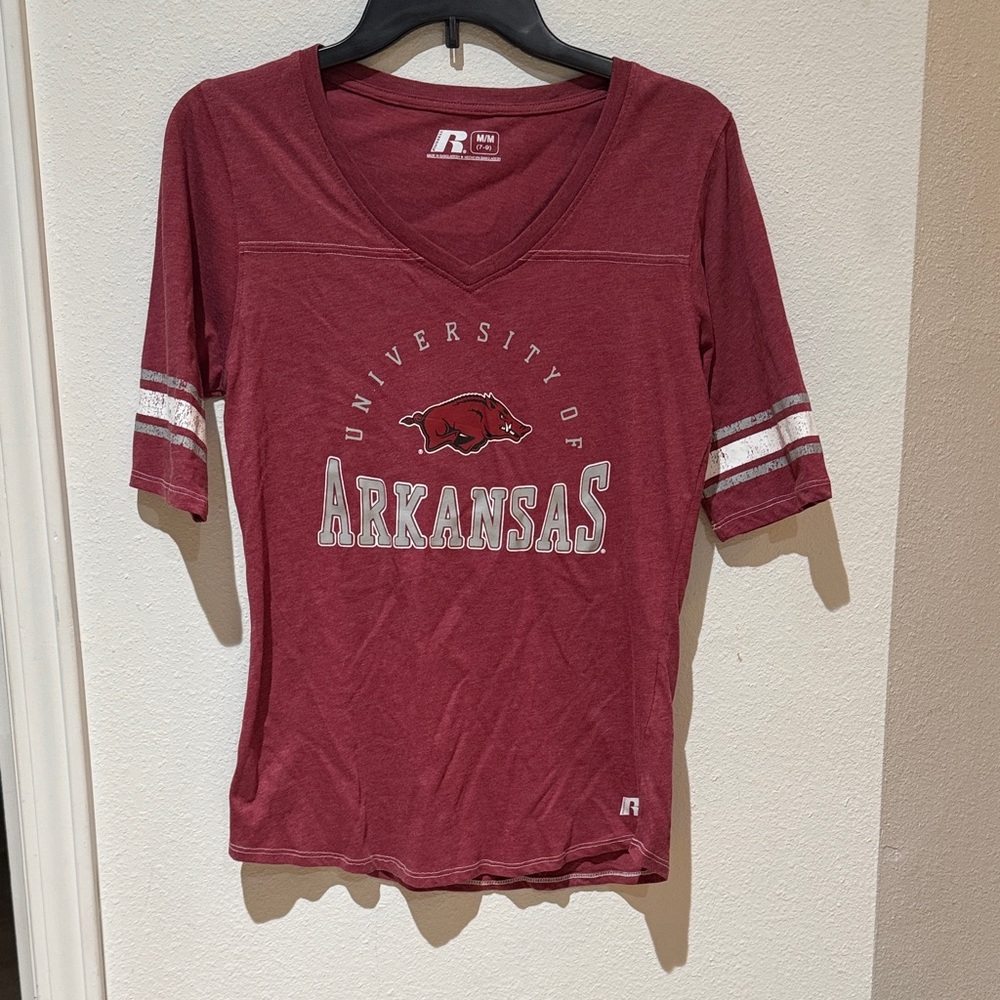Russell Athletic Maroon V-Neck T-Shirt with University of Arkansas Logo